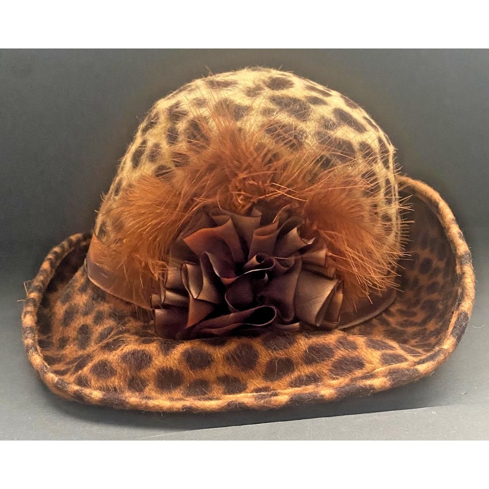VTG Women's Fur Felt Animal Print Cloche Hat Fedora Ribbon Feathers Millenery
